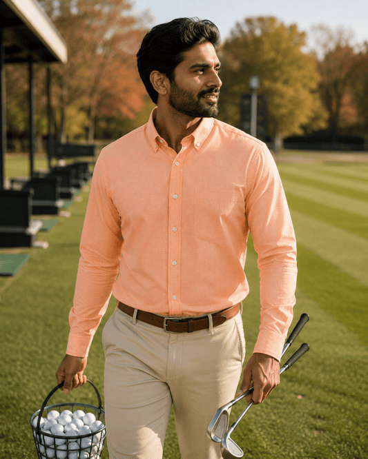 Gingham Performance Long Sleeve Button-Up - F/X Fusion Golf - Golf - Peach - M