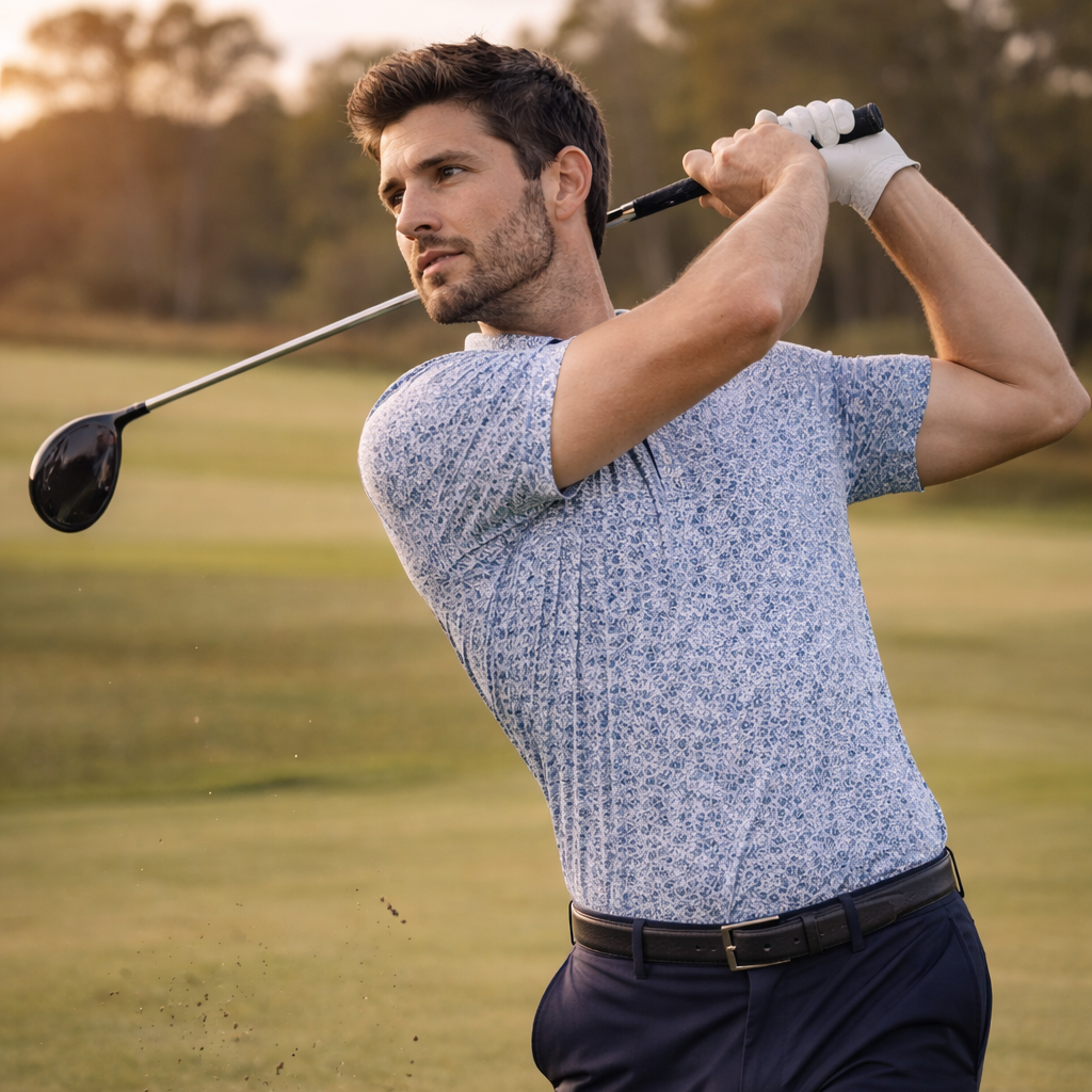 Man swinging a golf club on a golf course with trees in the background
