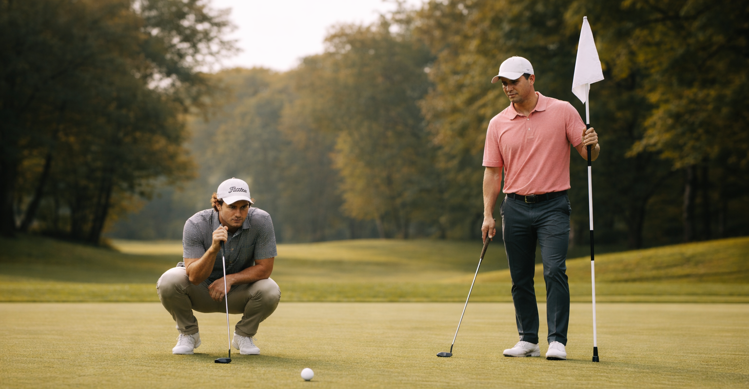 Two golfers on a green, one reading a putt, one holding the flag