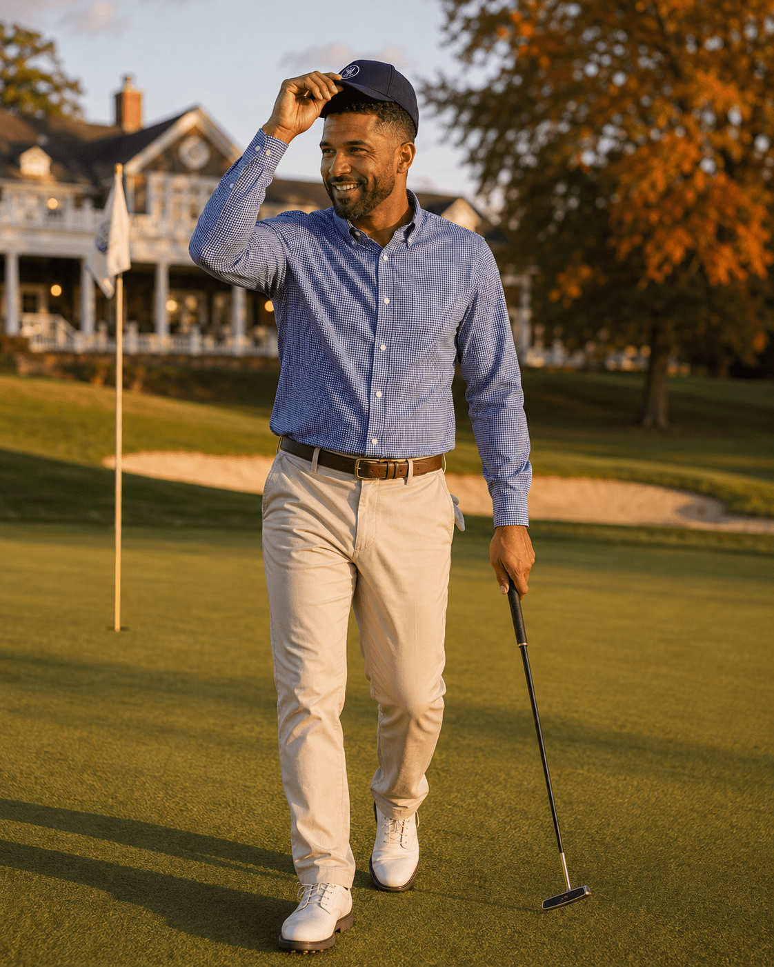 Gingham Performance Long Sleeve Button-Up - F/X Fusion Golf - Golf - Navy - M