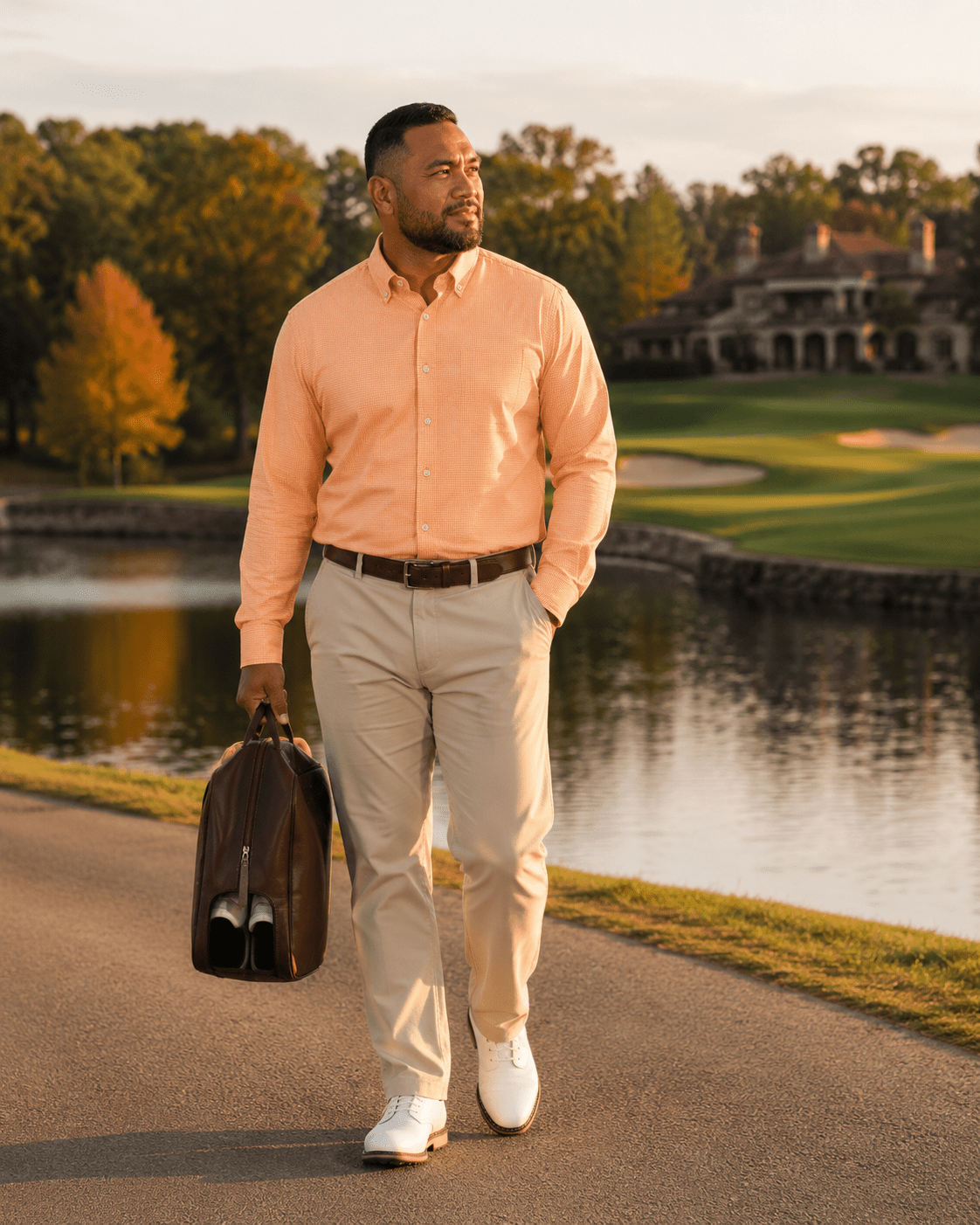 Gingham Performance Long Sleeve Button-Up - F/X Fusion Golf - Golf - Peach - M