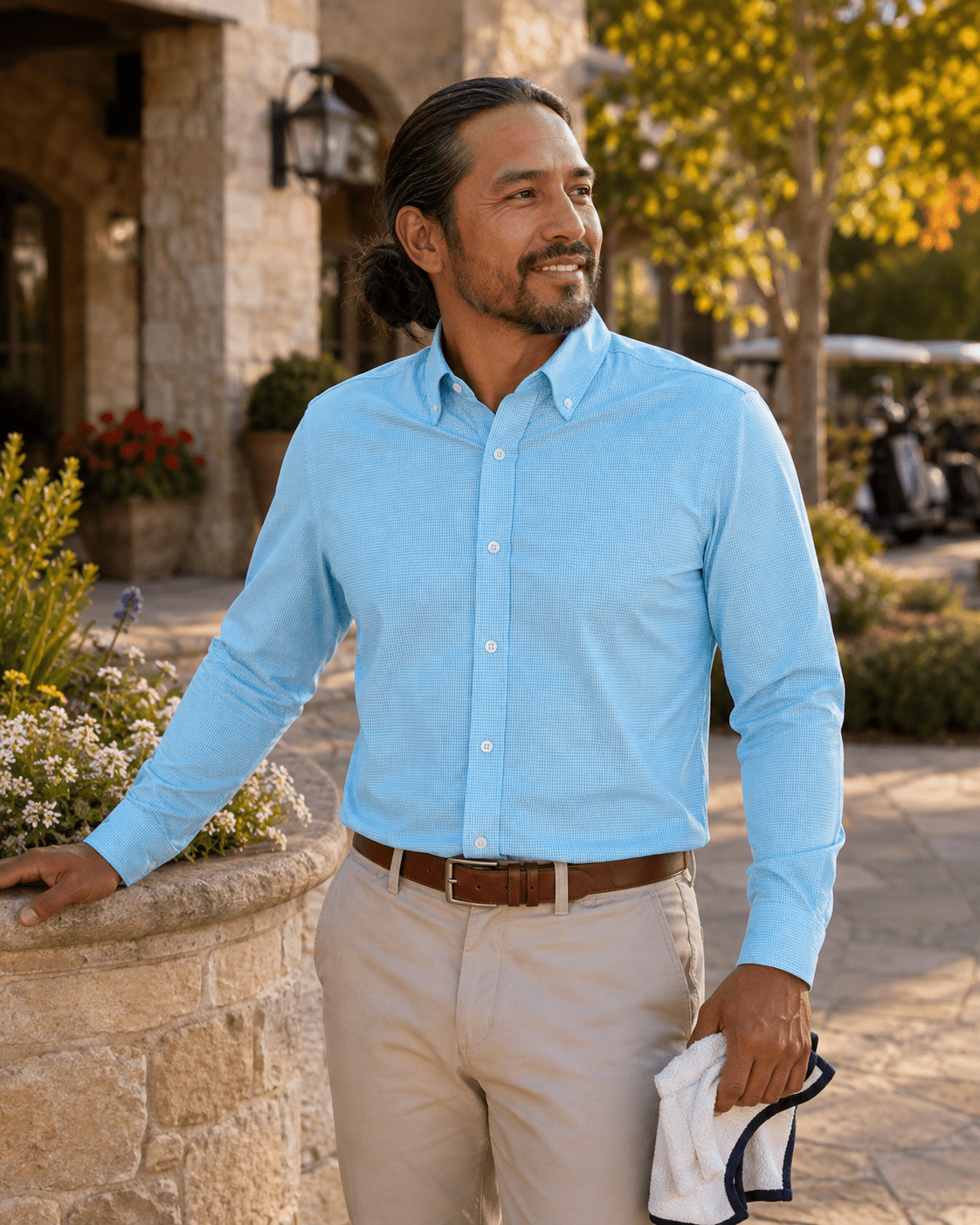 Gingham Performance Long Sleeve Button-Up - F/X Fusion Golf - Golf - Aqua - M
