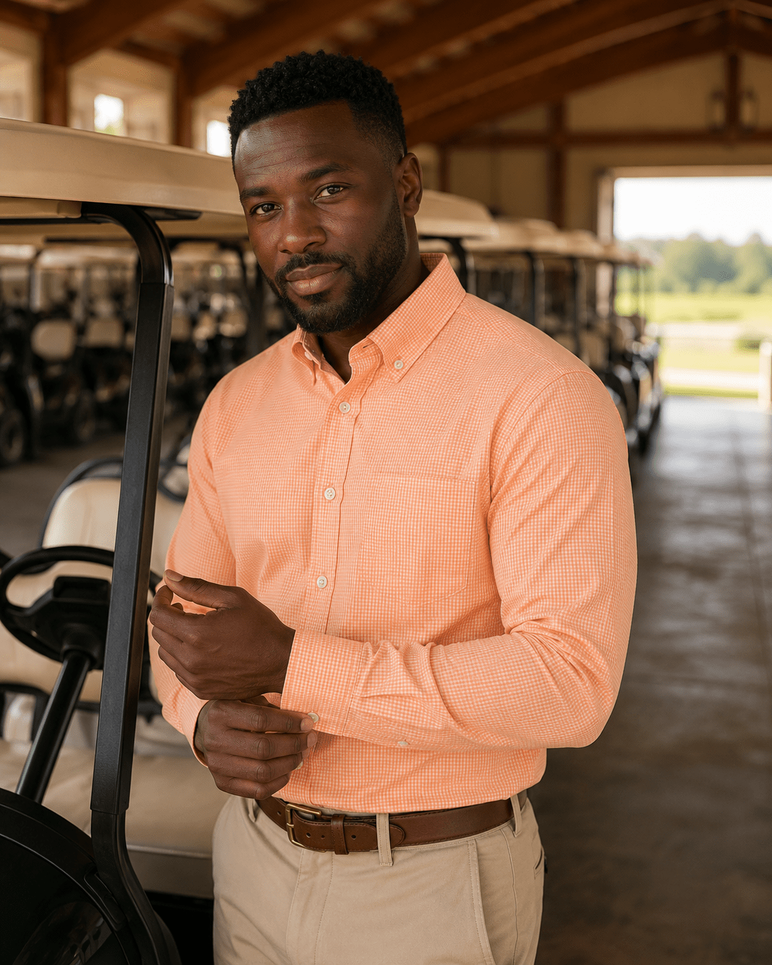 Gingham Performance Long Sleeve Button-Up - F/X Fusion Golf - Golf - Peach - M