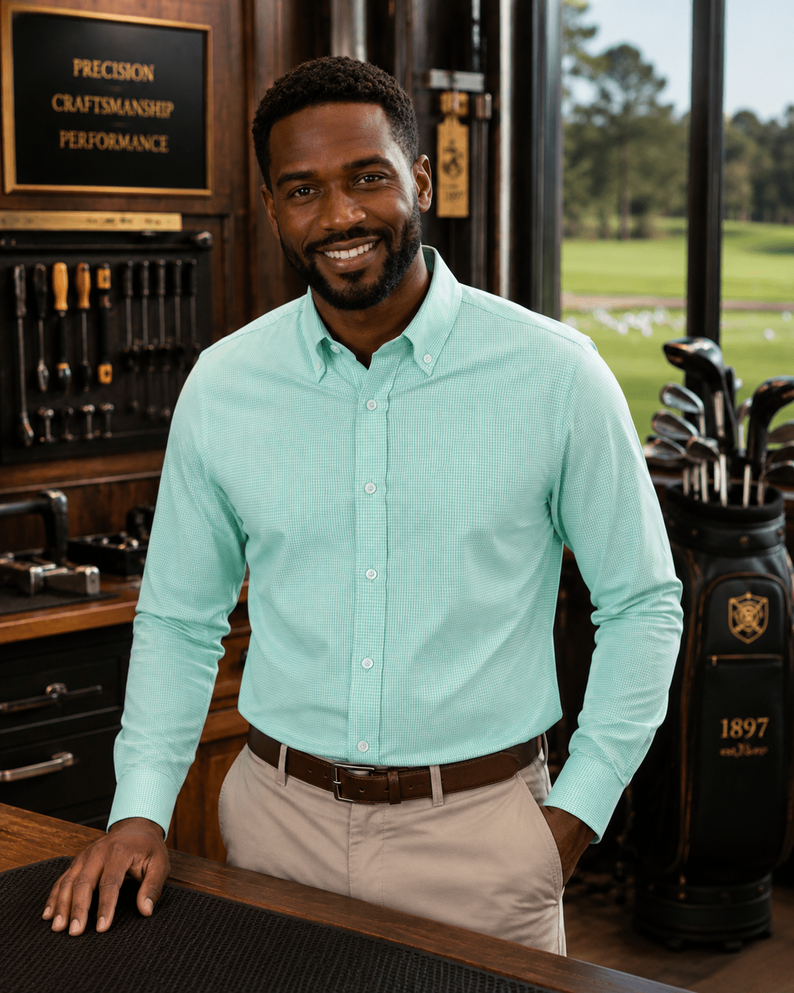 Gingham Performance Long Sleeve Button-Up - F/X Fusion Golf - Golf - Mint - M