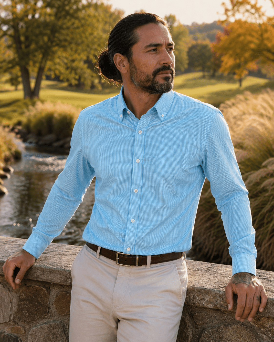 Gingham Performance Long Sleeve Button-Up - F/X Fusion Golf - Golf - Aqua - M