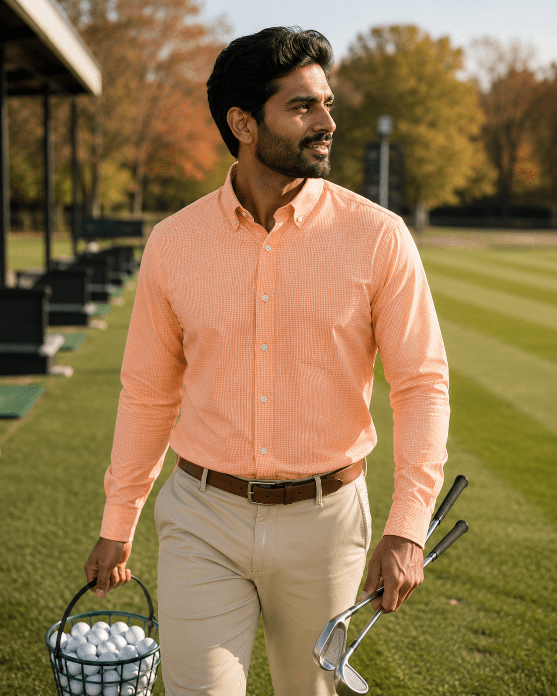 Gingham Performance Long Sleeve Button-Up - F/X Fusion Golf - Golf - Peach - M