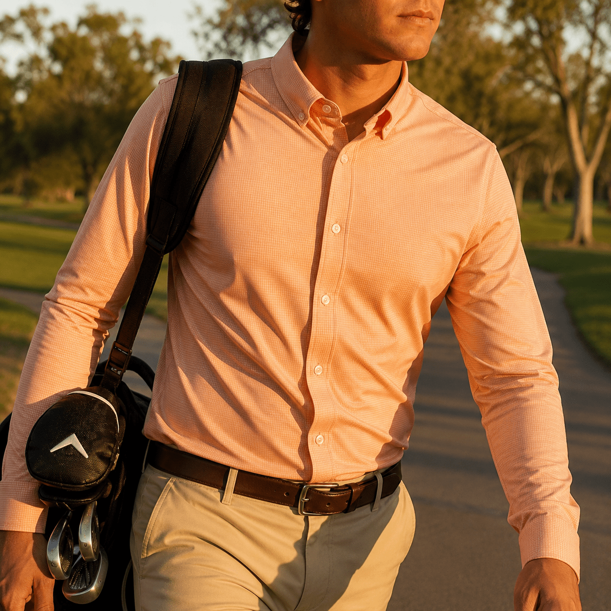 Gingham Performance Long Sleeve Button - Up - F/X Fusion Golf - Long Sleeve - Peach