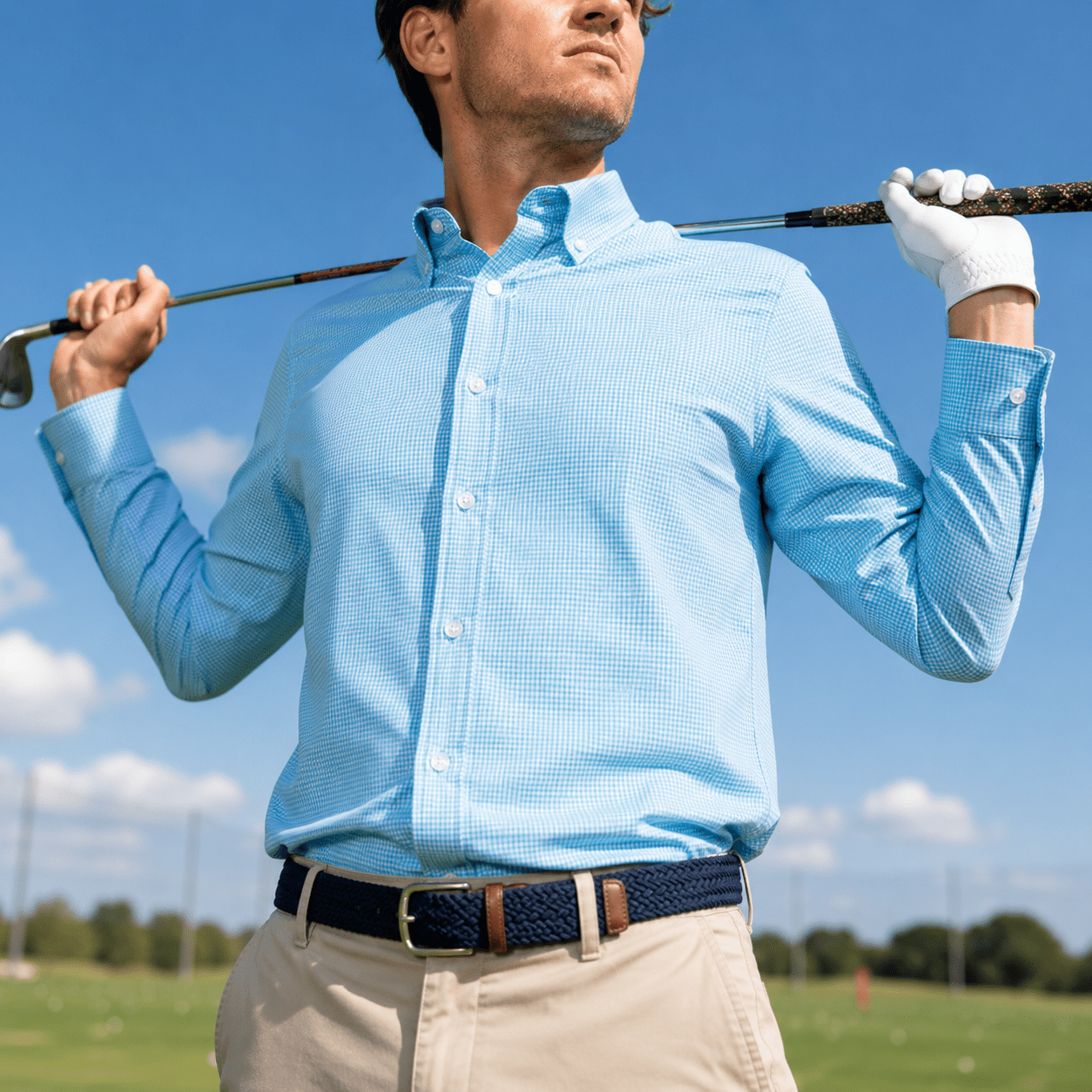 Gingham Performance Long Sleeve Button - Up - F/X Fusion Golf - Long Sleeve - Aqua