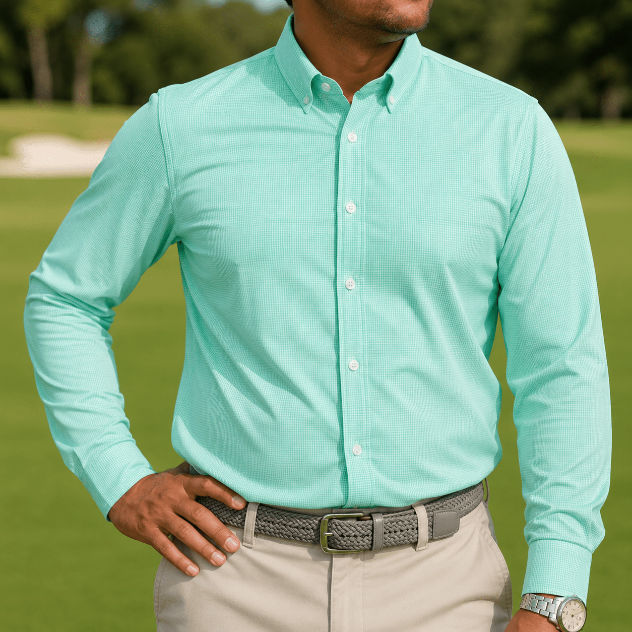 Gingham Performance Long Sleeve Button - Up - F/X Fusion Golf - Long Sleeve - Mint
