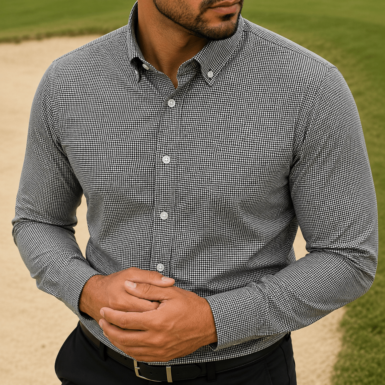 Gingham Performance Long Sleeve Button - Up - F/X Fusion Golf - Long Sleeve - Black