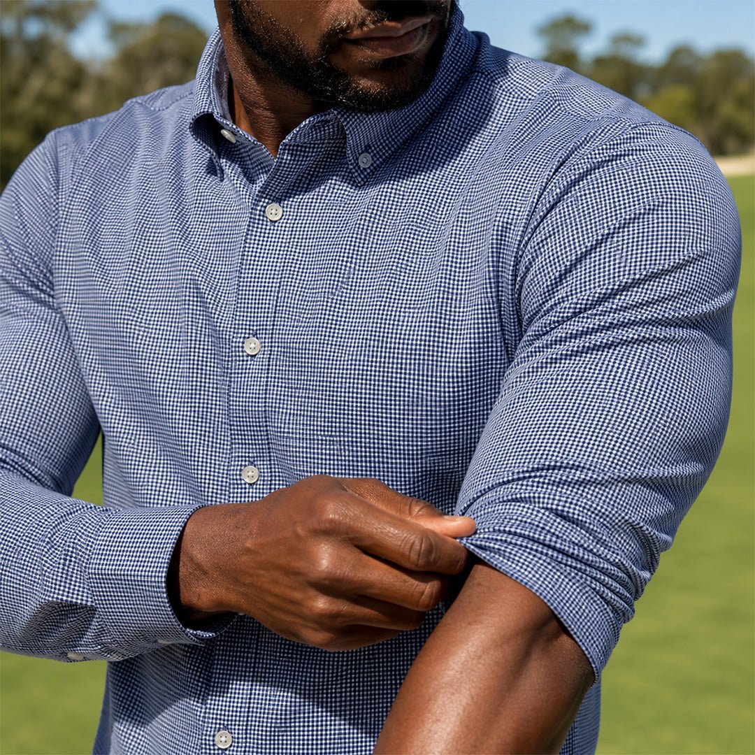 Gingham Performance Long Sleeve Button - Up - F/X Fusion Golf - Long Sleeve - Navy