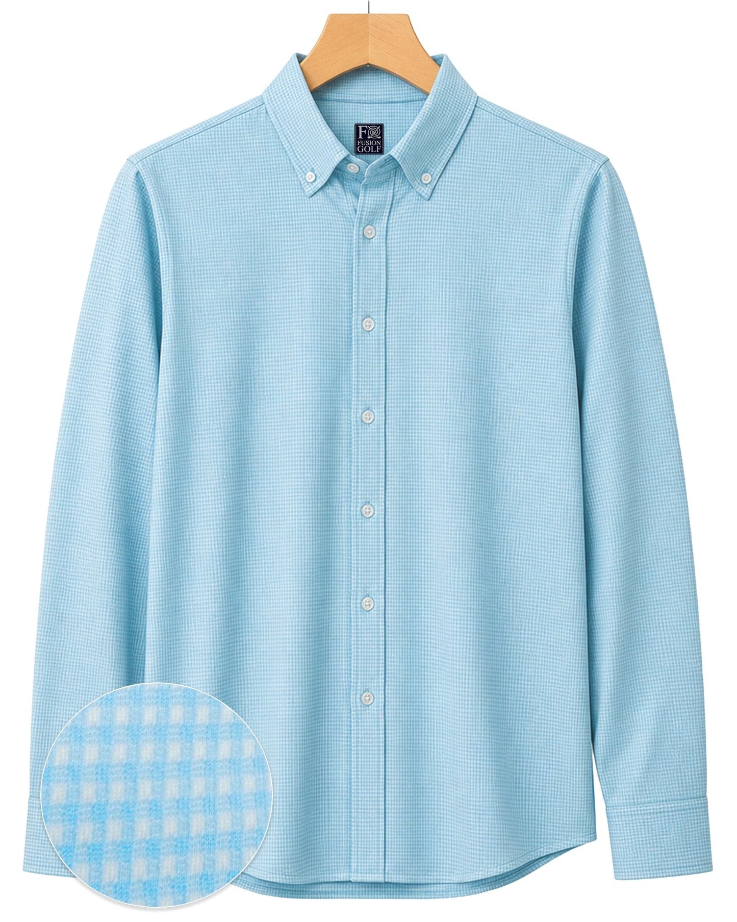 Gingham Performance Long Sleeve Button-Up - F/X Fusion Golf - Long Sleeve - Aqua